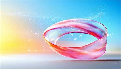 A vibrant, abstract ribbon with swirling pink, purple, and white colors floats against a bright blue and yellow gradient sky, with small sparkling particles sca