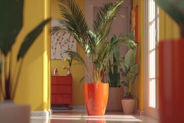 Bright Sunny Interior With Colorful Potted Plants