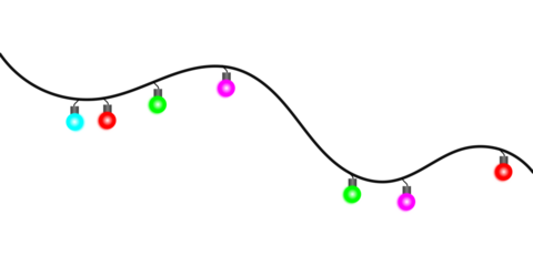 A festive string of colorful Christmas lights hanging on a wavy black wire against a plain white background.