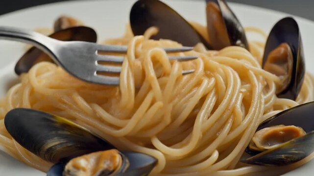 Linguine scoglio Italian seafood pasta close-up fork twirling