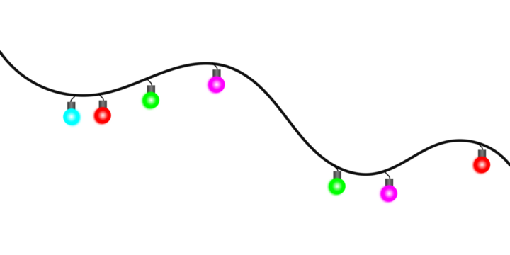 A festive string of colorful Christmas lights hanging on a wavy black wire against a plain white background.