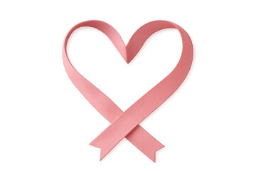 Pink ribbon forming heart shape representing breast cancer awareness and support, on transparent background