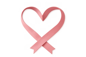 Pink ribbon forming heart shape representing breast cancer awareness and support, on transparent background