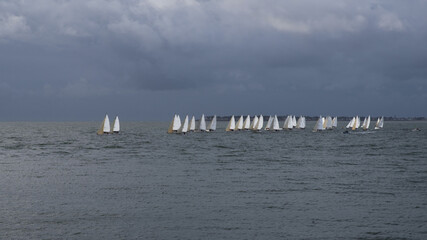 Regatta of small white-sailed boats off the coast of Pornichet in Brittany