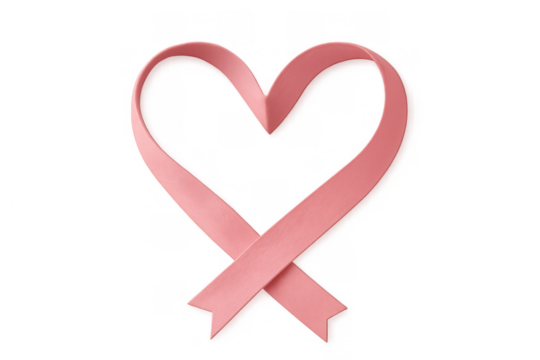 Pink ribbon forming heart shape representing breast cancer awareness and support, on transparent background - Powered by Adobe