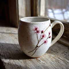 Handcrafted White Mug With Pink Cherry Blossoms