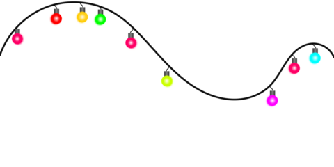 A festive string of colorful Christmas lights hanging in a wave pattern on a white background.