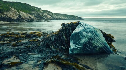 Plastic bag pollutes serene ocean coastline with tangled seaweed and choppy waves