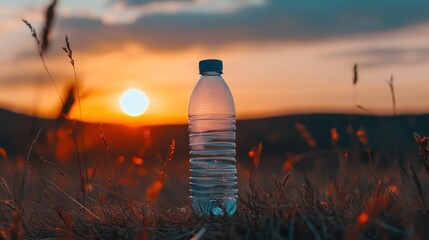Hydration on the go, crisp water bottle at sunset, refreshing outdoors, natural thirst quencher
