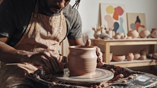 A person shaping clay on a pottery wheel in a studio, demonstrating traditional ceramic art techniques and craftsmanship
