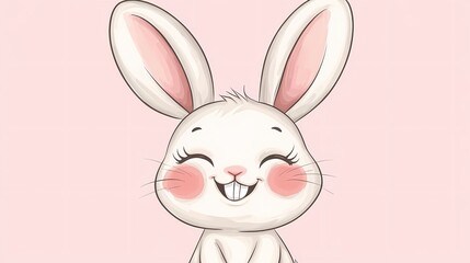 Obraz premium Delightful cartoon portrait of a cheerful white rabbit peeking from the side against a soft pink background