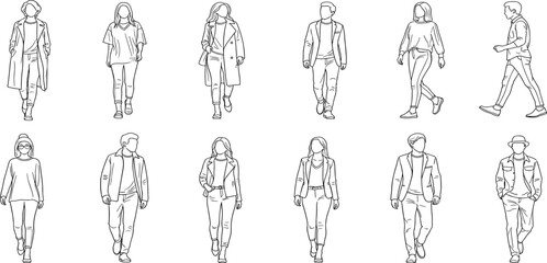 Curated set of minimalist line art human figures in various walking and standing poses, perfect for architectural plans, urban design, and graphic projects requiring conceptual human scale