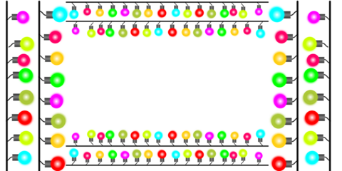 A festive rectangular frame made of colorful cartoon string lights on a white background, creating a border with empty copy space.