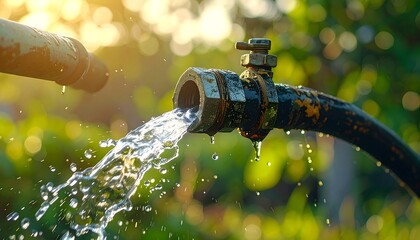 Water flowing from a hose in the garden during sunset.
