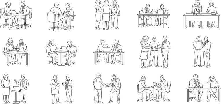 Collection of line drawings depicting business meetings and collaborations among professionals