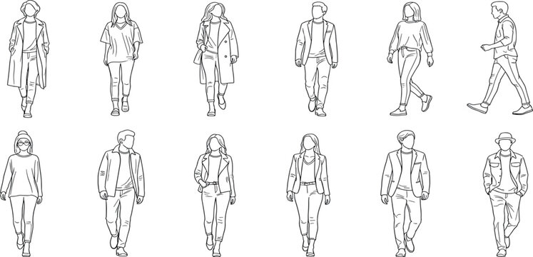 Curated set of minimalist line art human figures in various walking and standing poses, perfect for architectural plans, urban design, and graphic projects requiring conceptual human scale