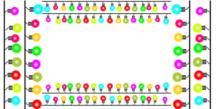 A festive rectangular frame made of colorful cartoon string lights on a white background, creating a border with empty copy space.