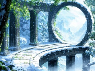 An ancient, snow-covered stone archway with weathered columns frames a view of a misty, distant city.