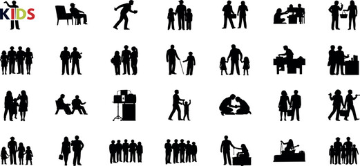 Fototapeta premium Versatile Collection of People Silhouettes Depicting Diverse Social Interactions, Business Meetings, Family Moments, and Community Activities in Modern Vector Style