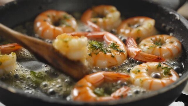Gambas ajillo Spanish shrimp macro focus pull sizzling bubbling