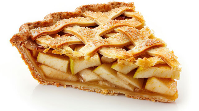 slice of apple pie with lattice crust on isolated white background