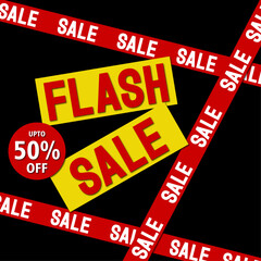 Flash Sale on Black background with red Sale Tape and a 50% off sale Sticker vector design