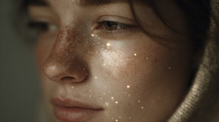 Close-up portrait of a young woman's face. the focus is on her face, with her eyes looking directly at the camera.