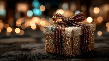 A glittering gold gift box with a festive red and gold ribbon resting on a textured surface illuminated by a soft out of focus background of warm bokeh lights