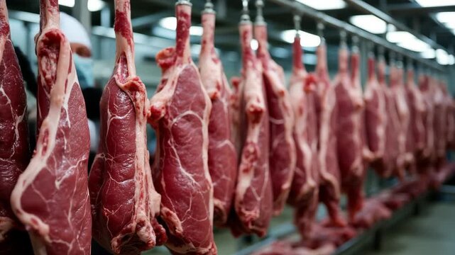 The Hanging Beef Carcasses in an Industrial Cold Room Meat Processing Facility 
