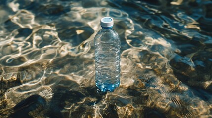 Clear plastic water bottle floats on shimmering, sunlit ocean water with ripples