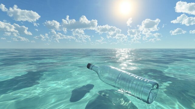 Plastic bottle pollutes pristine ocean water under bright sunny sky with gentle waves