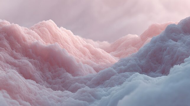 Abstract landscape with a pink and blue color scheme. the sky is filled with fluffy white clouds, creating a soft and dreamy atmosphere.
