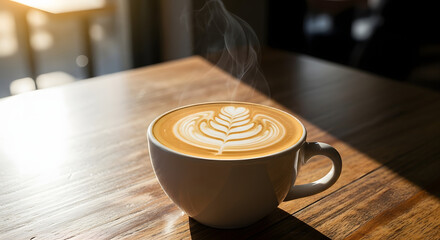 Close up of a cappuccino with latte art on a wooden table with sunlight shining through the window