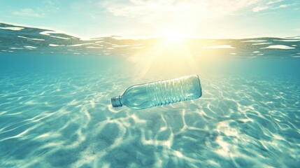 Plastic bottle adrift in crystal clear ocean water under bright sun, highlighting pollution