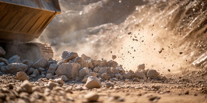Dump truck unloading rocks in industrial quarry creating dust cloud