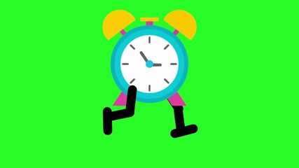 Animated alarm clock with finger pointing on green screen background for educational content, time management resources, or children's learning videos