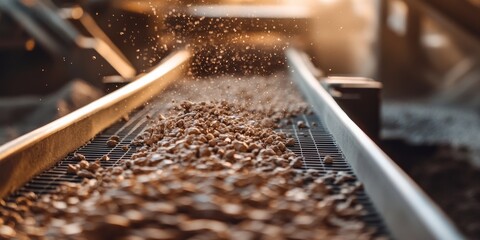 Gravel falling on conveyor belt in a quarry