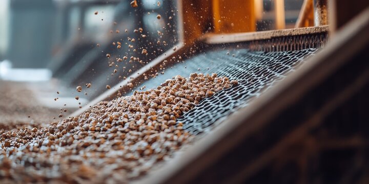 Gravel falling on conveyor belt in industrial quarry