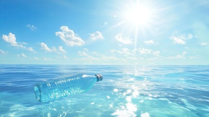 Plastic bottle adrift in serene ocean waters under bright sunny sky, environmental concern