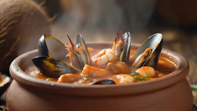 Moqueca Baiana Brazilian seafood stew macro focus pull steam
