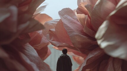 Person standing in the middle of a large group of pink flowers. the person is facing away from the camera, with their back towards the viewer.