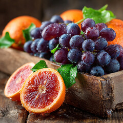 Vibrant blood oranges and grapes rest in a wooden crate. Water droplets add freshness, highlighting the bright colors of the fruits against the rustic background