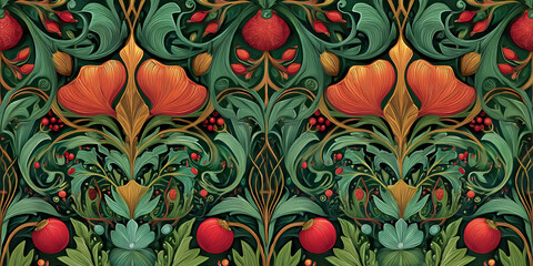 This abstract Christmas pattern showcases flowing lines and rich colors typical of Art Nouveau. It features intricate floral designs and festive elements, perfect for holiday decoration