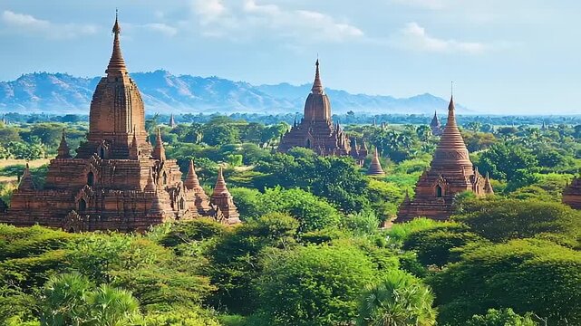 Ancient brick stupas rise above lush tropical forest canopy with distant mountains