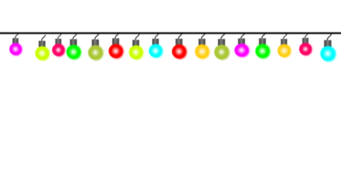 A festive string of colorful Christmas lights hanging in a row on a white background.