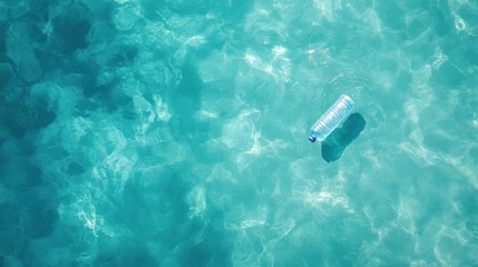 Single plastic bottle adrift in clear blue ocean water, environmental pollution concept.