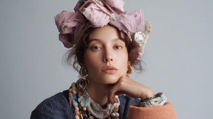 Portrait of a young woman with a serious expression on her face. she is wearing a large pink hat with a large bow on top and a colorful scarf around her neck.