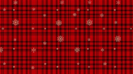 Festive red and black plaid pattern with delicate snowflakes, perfect for holiday backgrounds, winter designs, and cozy Christmas projects
