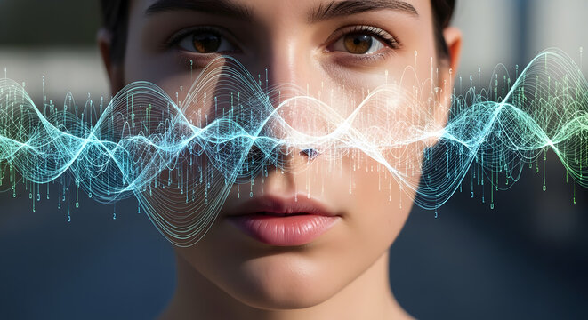 Woman's face with digital waves and binary code overlayed creating a futuristic technology concept