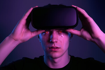 VR eye strain and vision damage concept, gamer with red irritated eyes removing virtual reality headset, cybersickness health risk
